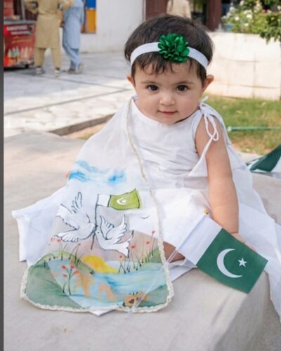 Personalized Name White Set | Hand-Painted Doves & Pakistani Flag Outfit with Tie-Up Straps photo review