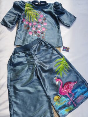 فلیمنگو🦩                                               Hand Painted girls  Coord Set | Flamingo Floral Palazzo
