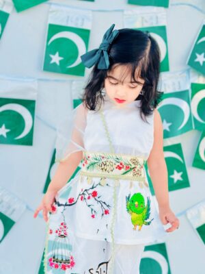 Azadi Hand-Painted Parrot Shirt with Flared Plazzo & Organza Dupatta | Cage Painting Design