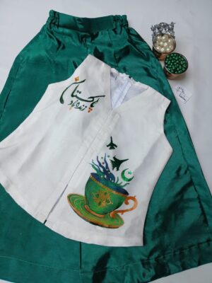 Zinda Baad Pakistan Hand-Painted Coord Set – Chai Cup & Jahaz Design | Independence Day Girls Wear
