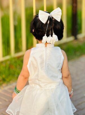Ivory Bow Hair Clip with Handmade Tulip Tassels & Pearl Beading