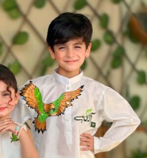 "Shaheen-e-Watan" Hand-Painted Mirror Work Kurta – Boys 14 August Collection